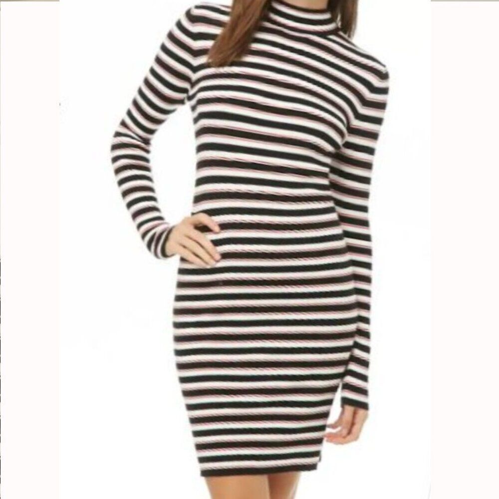 Turtleneck Dress Striped Ribbed Soft Stretch Knit Preppy Brown Pastel Pink XS/ S